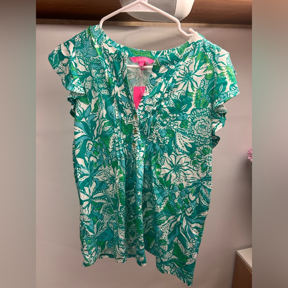 Lilly Pulitzer Teal Green & White Floral Flutter-Sleeve Top